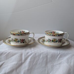 Coalport Ming Rose Bone China Floral Gold Detail Flat Cups With Saucers - 2